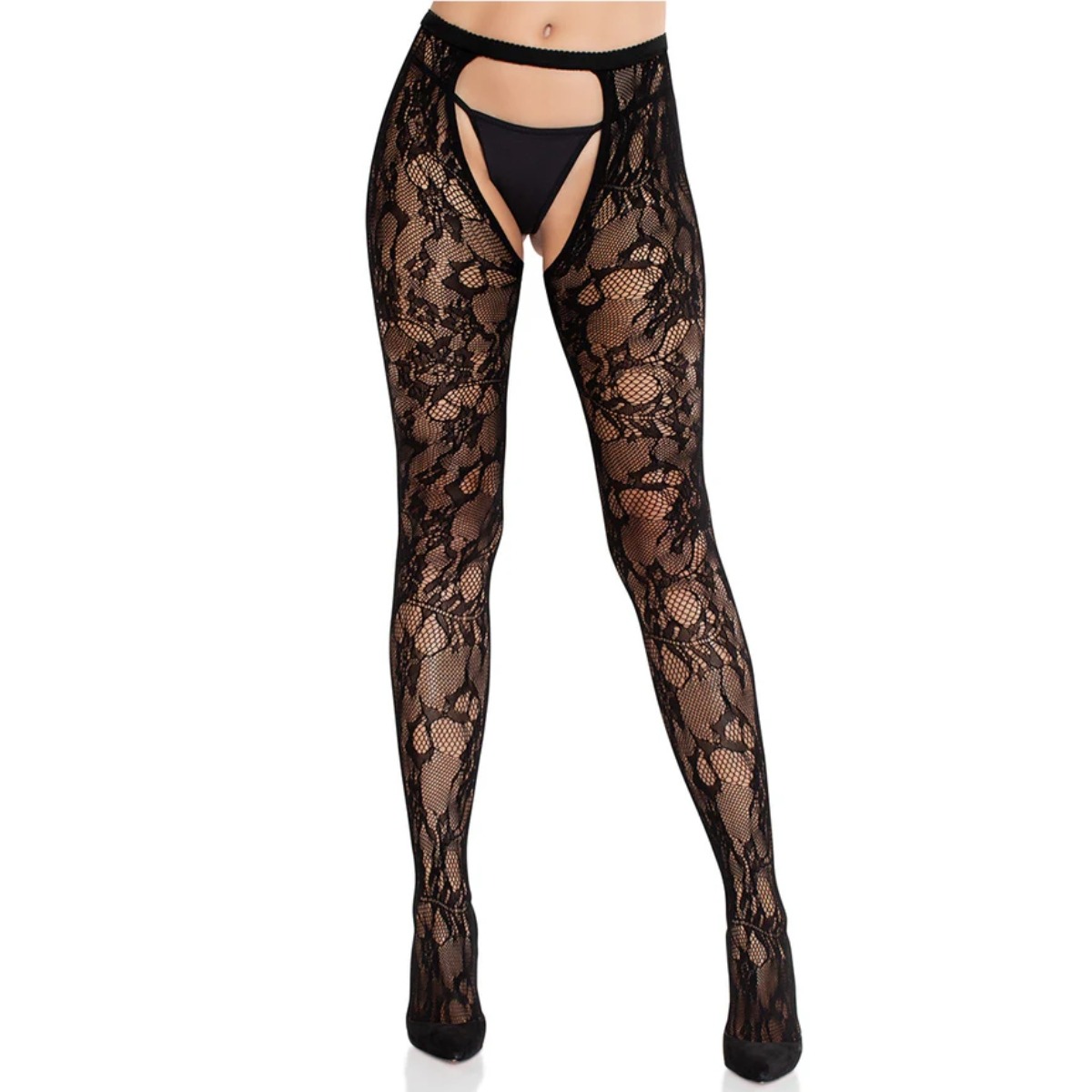 Rose Lace Crotchless Tights with Open Back Black OS - Leg Avenue - Toys & Accessories - adult product at KS Store