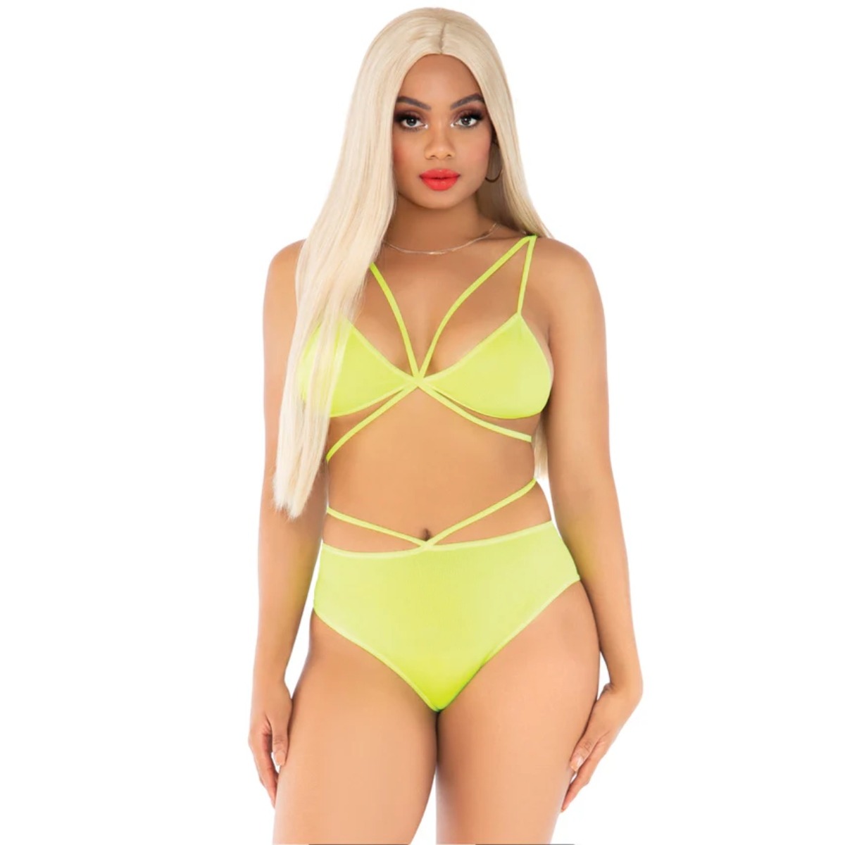 Cage Strap Bra Top and Brazilian Briefs Neon Yellow OS - Leg Avenue - Lingerie & Underwear - adult product at KS Store