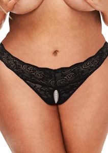 Secret Kisses Lace & Pearls Crotchless Thong Black