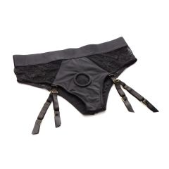 Strap U Laced Seductress L/XL Lace Crotchless Panty Harness w/ Garter Straps Black