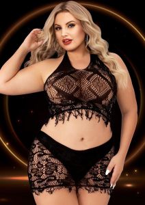 2pc Crop Top & Skirt Set Black Q