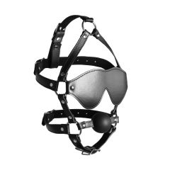 Blindfolded Head Harness with Solid Ball Gag  Black